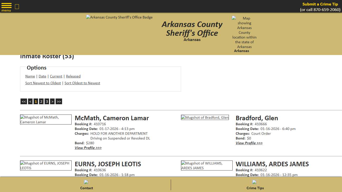 Inmate Roster - Current Inmates Booking Date Descending - Arkansas County Sheriff's Office, Arkansas